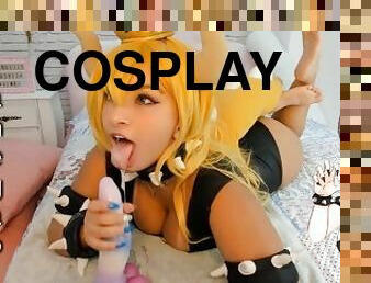 Hot Bowsette cosplay girl playing hard with her sex machine ahegao and bad dragon blowjob