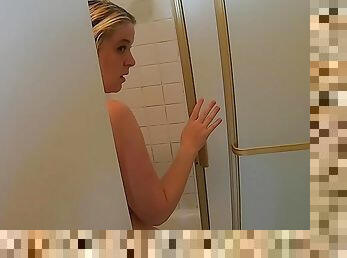 Stepmom wants sex when she catches her stepson peeping on her naked in the shower POV