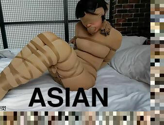 asiatisk, strumpbyxor, bdsm, strumpor, fetisch, bondage, brunett