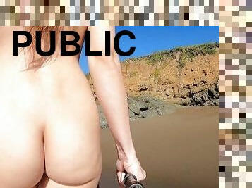 publik, amatör, brudar, strand, ensam, exhibitionist, brunett, retande