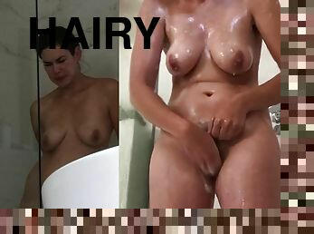 Hairy brunette wife exposed in shower