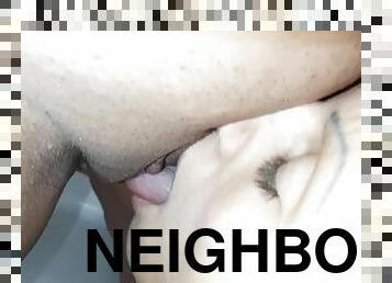 When I piss in my girl's mouth she licks my pussy while our neighbor watches and masturbates - Lesbi
