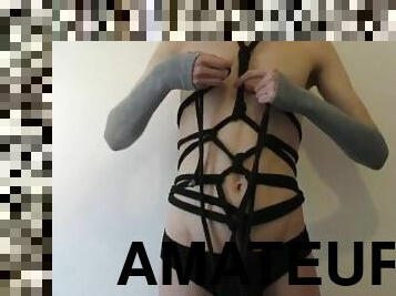 bondage femboy ties themselves in harness