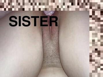 fisse-pussy, amatør, kæmpestor-pik, creampie, synsvinkel, sperm, blond, søster, pik