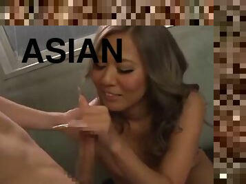 Asian babe is eaten out before she sucks and fucks a guy