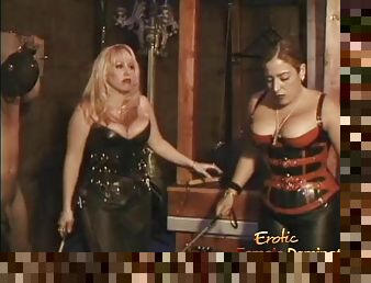 Two chubby dominatrixes give a horny stud a good spanking