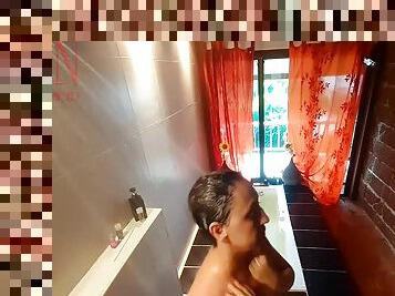 Peep. Voyeur. Housewife Washes In The Shower With Soap, Shaves Her Pussy In The Bath. C 2