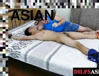 Tickled Asian twink breeded by mature DILF after oral