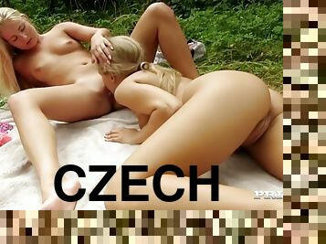 Czech lesbians cayla and whitney toy their smooth pussies in forest
