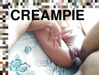 amatör, gigantisk-kuk, creampie, brunett, kuk