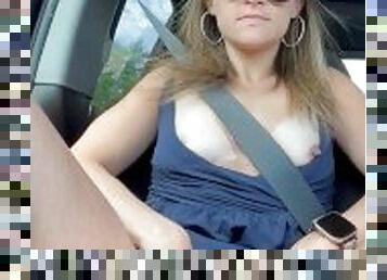 Wife gets tits and pussy out while driving around then gets bare ass naked