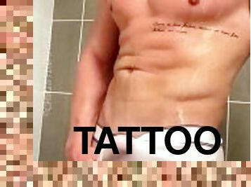 baden, immens-glied, homosexuell, dusche, allein, muskulös, nass, tattoo, glied