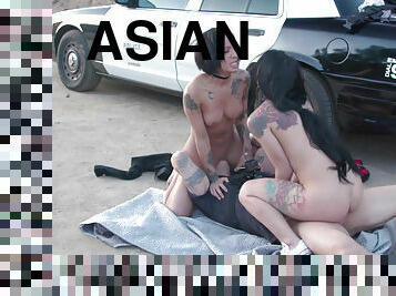Latina Gina Valentina and Asian Honey Gold were roughly fucked by an officer in the street