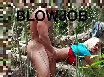 Glamorous blonde slut with big tits gets screwed in the woods