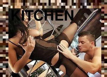 Honey Demon In Slutty Brunette Gets Ass Fucked In The Kitchen And Eats Cum