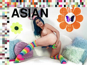 asiatisk, storatuttar, klitta, masturbation, fitta-pussy, leksak, hemmagjord, söt, dildo, ensam