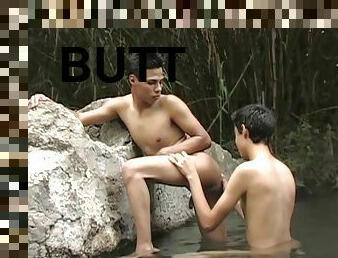 Naked in the wild, Latin twinks Cristopher and Ricardo have found a distant stream to have sex. After some cock sucking and ass licking, a stiff co...