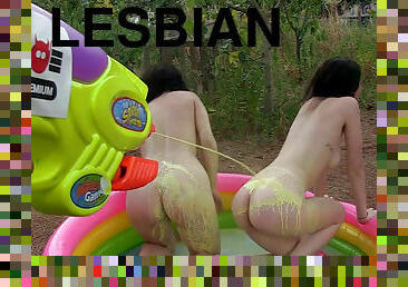 Liz Rainbow and Nerea Falco lesbian sex in the inflatable pool