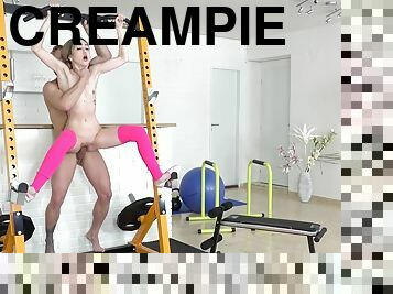 Slutty teen gets a hard sex workout with creampie at the gym
