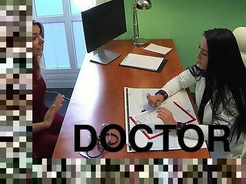 Hot brunette doctor fucks male colleague in office