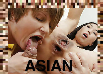 asiatisk, rysk, anal, avsugning, cumshot, tonåring, deepthroat, trekant, dubbel, sprut