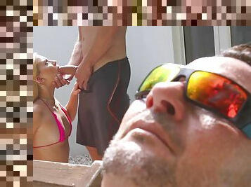 Pool side standing doggy fuck with small titted hot blonde Riley Star