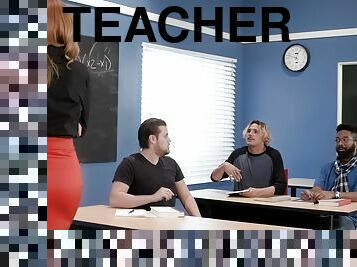Redhead teacher in sexy pantyhose fucks a student for punishment