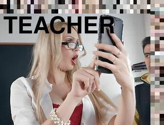 Blonde teacher tells lad to undress and satisfy her ass