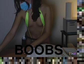 Perkyboobs masked masseuse in rare bikini gives HJ