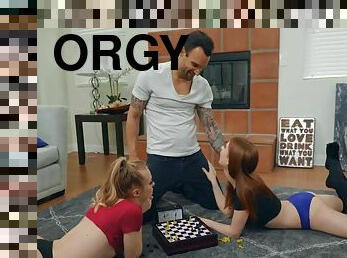 Excited dude turns chess game into a crazy orgy scene