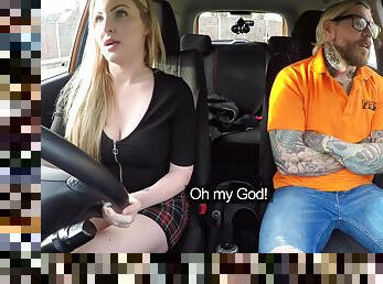POV shagging in the car with blonde busty slut