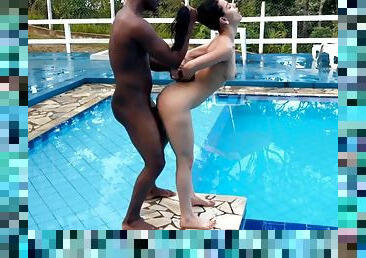 Teenage fucked by black dick near the pool