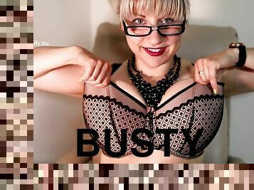 Nerdy busty secretary in glasses - solo boob play