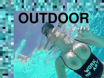 Work of art monster tits - POV solo outdoors in the pool