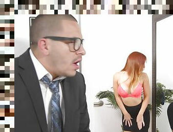 Dani Jensen shows her big boobs and blowjobs fucker's big dick