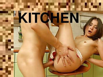 Petite brunette chick getting rammed in the kitchen
