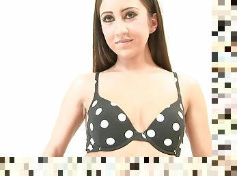 Polka dot underwear clad solo teen strips and teases on camera