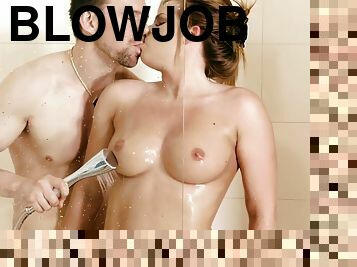 Hot babe Cara Wolf loves doing blowjob in shower