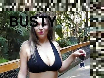 Busty and big booty Latina hooks up with guy in park to give him footjob