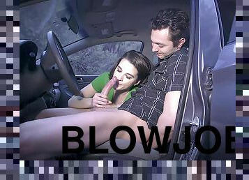Kinky hottie gives dude a deep blowjob behind the wheel
