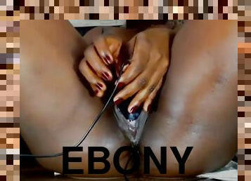 Ebony MILF creamy double vibrator on webcam