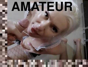 amatör, brudar, avsugning, samling, creampie, par, blond