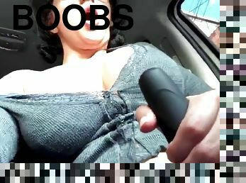 Big boobs and pussy flashing in the car 3