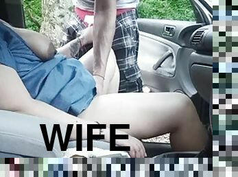 Dogging wife cheats on her husband and sucks a strangers big cock