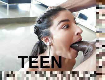 Sexy teen gagging on BBC interracial sex clip
