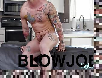 Tattooed stepbrother bred after blowjob and rimjob