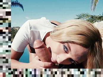 Blonde hottie Athena Palomino pleases horny dude by the pool