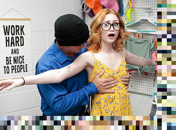 Nerdy blonde busted with stolen items so she gets fucked