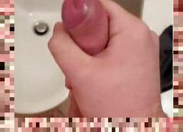 My uncut cock explode while I’m jerking in my friend’s bathroom
