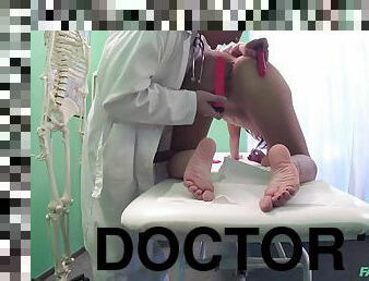 Hot chick asks the doctor to help her with a dildo or two